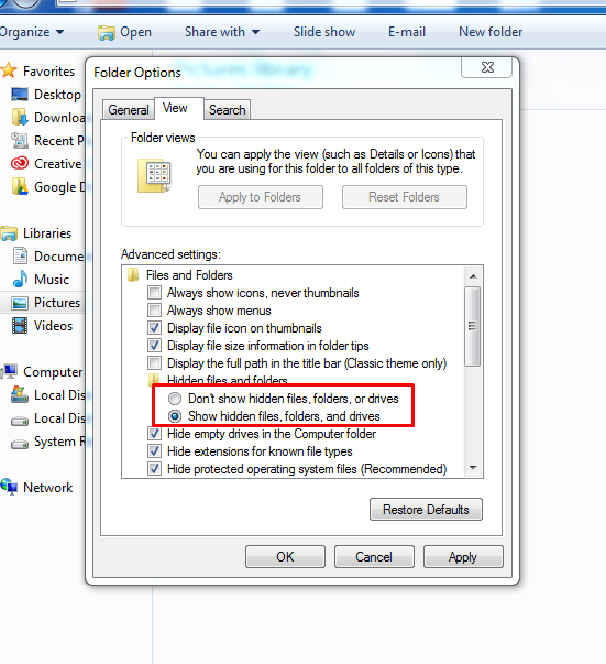 hide/show files in Windows 7